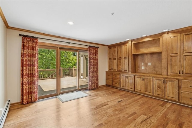 8320 Maplewood Ln, Lenexa, KS 66215 - unfurnished living room with a baseboard heating unit, ornamental molding, light wood-style flooring, and recessed lighting