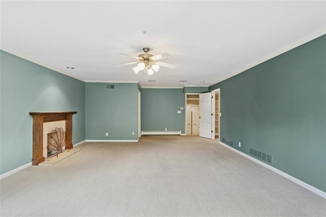 8320 Maplewood Ln, Lenexa, KS 66215 - unfurnished living room with ceiling fan, a baseboard heating unit, ornamental molding, a tiled fireplace, and carpet flooring