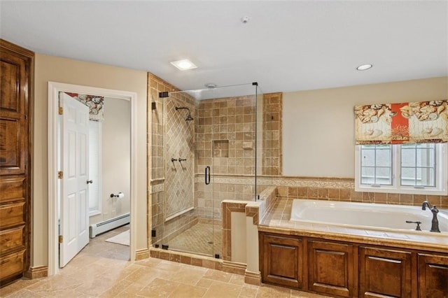 8320 Maplewood Ln, Lenexa, KS 66215 - full bath with baseboard heating, a bath, a shower stall, and recessed lighting