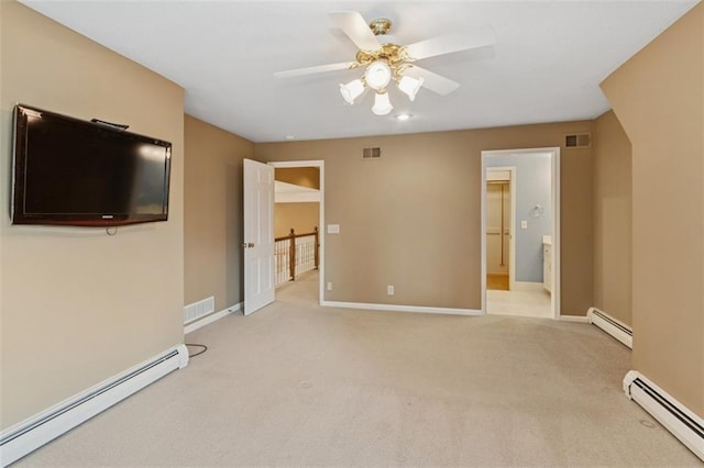 8320 Maplewood Ln, Lenexa, KS 66215 - unfurnished living room featuring baseboard heating, ceiling fan, and carpet flooring
