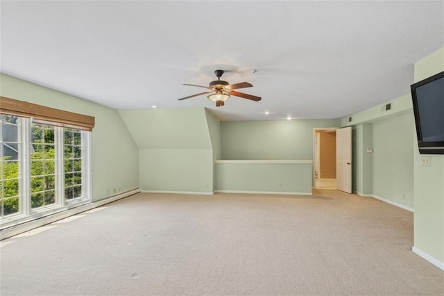 8320 Maplewood Ln, Lenexa, KS 66215 - additional living space featuring a ceiling fan, light colored carpet, lofted ceiling, and a baseboard heating unit