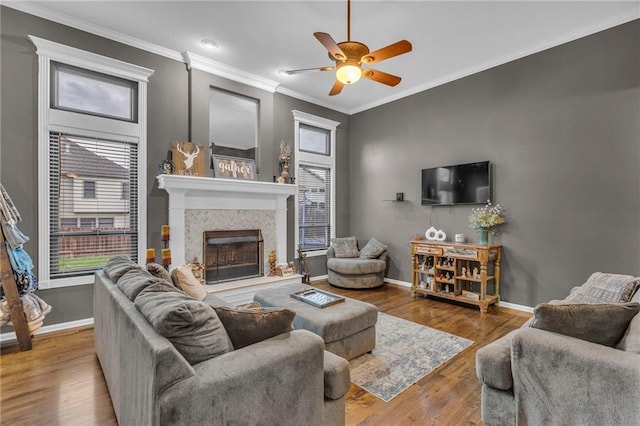 23968 Eagle Ct, Paola, KS 66071 - living area featuring a ceiling fan, a fireplace, wood finished floors, and crown molding