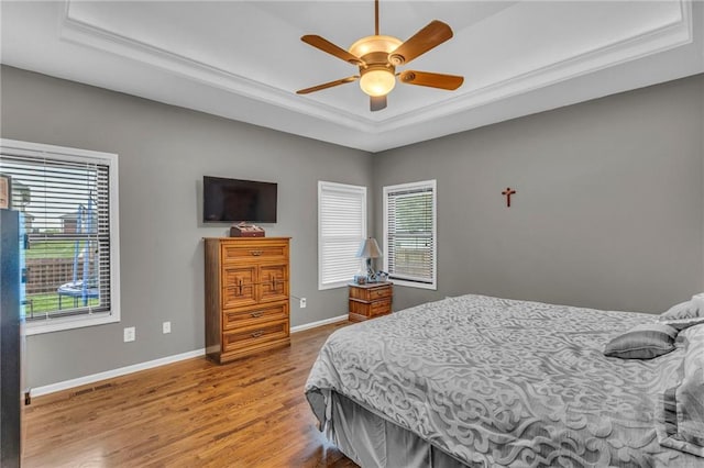 23968 Eagle Ct, Paola, KS 66071 - bedroom with a raised ceiling, wood finished floors, ornamental molding, and ceiling fan