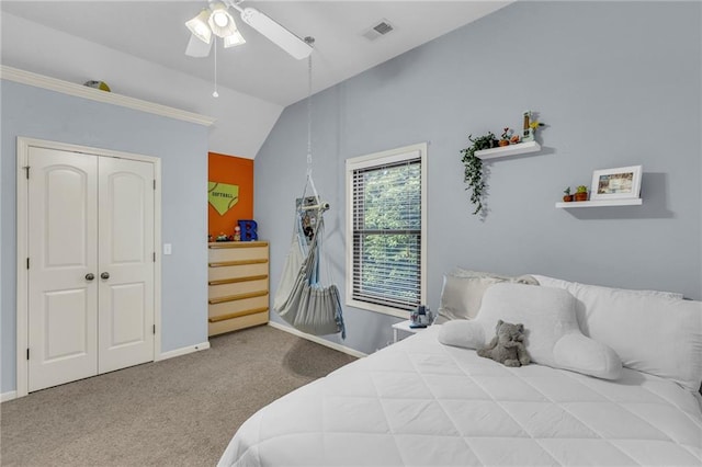 23968 Eagle Ct, Paola, KS 66071 - carpeted bedroom with vaulted ceiling and a ceiling fan
