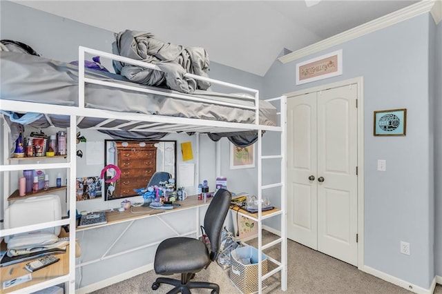 23968 Eagle Ct, Paola, KS 66071 - carpeted bedroom with a desk, a closet, crown molding, and lofted ceiling