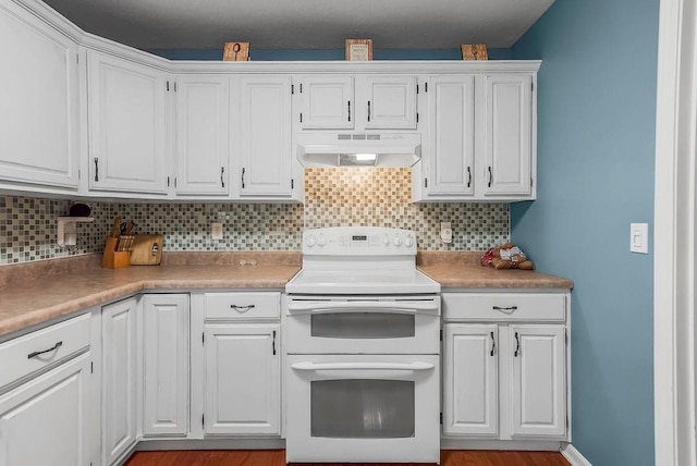 1229 Starbrooke Dr, Louisburg, KS 66053 - kitchen with under cabinet range hood, range with two ovens, and white cabinets