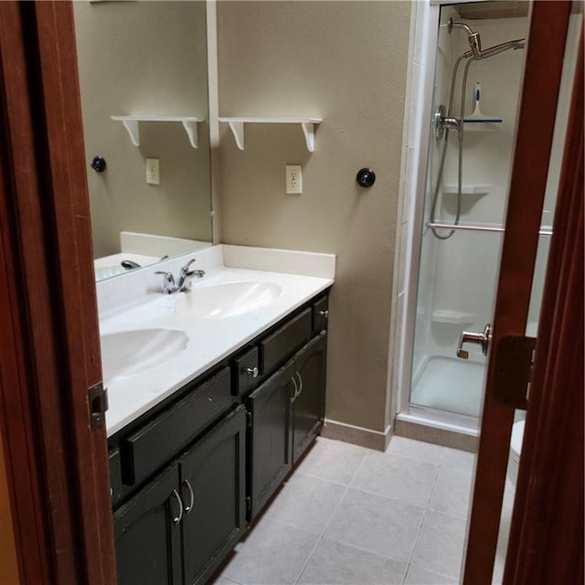 9318 Greenway Ln, Lenexa, KS 66215 - full bath featuring double vanity, a stall shower, and tile patterned flooring