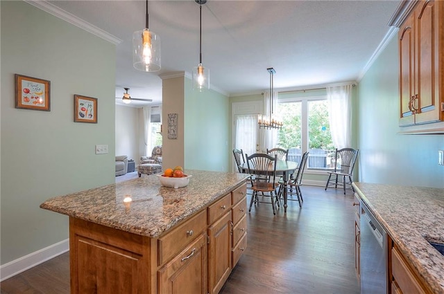 11514 W 143rd Ter, Olathe, KS 66062 - kitchen with stainless steel dishwasher, brown cabinetry, dark wood-style flooring, ornamental molding, and healthy amount of natural light