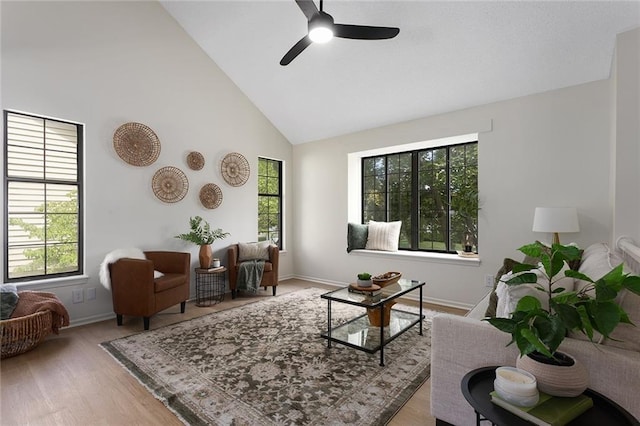 404 SE Bristol Dr, Lees Summit, MO 64063 - living room featuring high vaulted ceiling, a ceiling fan, and wood finished floors