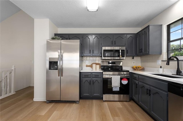 404 SE Bristol Dr, Lees Summit, MO 64063 - kitchen with stainless steel appliances, light wood-style flooring, light countertops, backsplash, and a textured ceiling