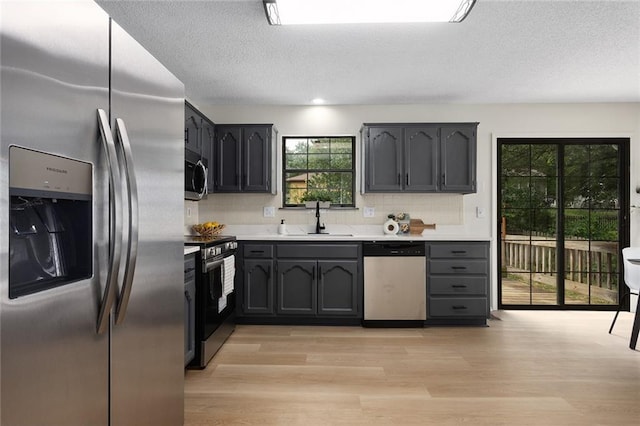 404 SE Bristol Dr, Lees Summit, MO 64063 - kitchen with stainless steel appliances, decorative backsplash, a textured ceiling, light wood finished floors, and light countertops