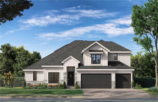 12301 W 184th St, Overland Park, KS 66013 - view of front of home featuring a garage, stone siding, concrete driveway, board and batten siding, and roof with shingles