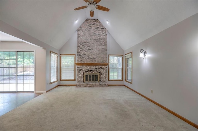 11512 Hadley St, Overland Park, KS 66210 - unfurnished living room featuring ceiling fan, plenty of natural light, carpet, and high vaulted ceiling