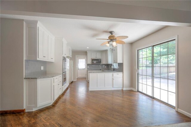 11512 Hadley St, Overland Park, KS 66210 - kitchen featuring appliances with stainless steel finishes, tasteful backsplash, healthy amount of natural light, and dark wood-style floors