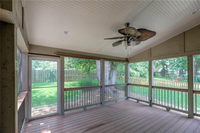 11512 Hadley St, Overland Park, KS 66210 - unfurnished sunroom with a ceiling fan and vaulted ceiling