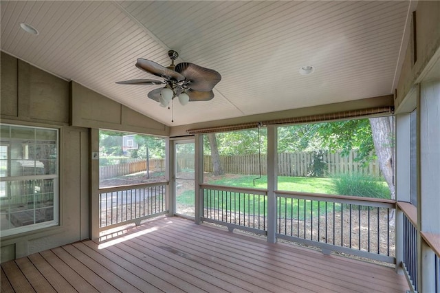 11512 Hadley St, Overland Park, KS 66210 - unfurnished sunroom featuring ceiling fan and vaulted ceiling