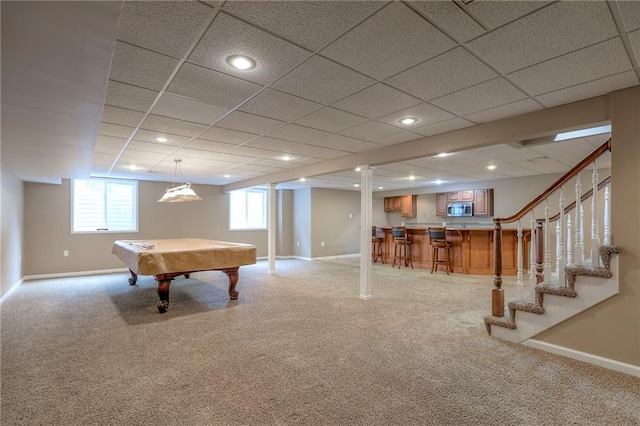 11512 Hadley St, Overland Park, KS 66210 - playroom featuring bar area, light colored carpet, pool table, a drop ceiling, and recessed lighting