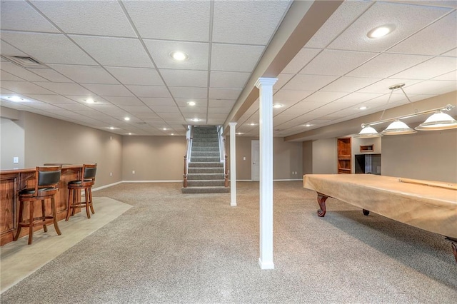 11512 Hadley St, Overland Park, KS 66210 - playroom featuring light carpet, a bar, pool table, and recessed lighting