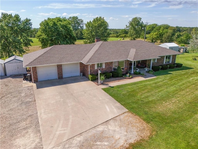 529 SE Dd Hwy, Warrensburg, MO 64093 - ranch-style home featuring brick siding, driveway, a garage, a front yard, and a shingled roof