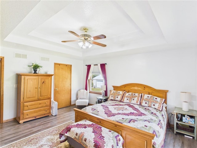 529 SE Dd Hwy, Warrensburg, MO 64093 - bedroom with a tray ceiling, light wood-style floors, and a ceiling fan