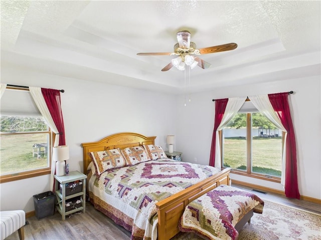 529 SE Dd Hwy, Warrensburg, MO 64093 - bedroom featuring a tray ceiling, wood finished floors, a textured ceiling, and a ceiling fan
