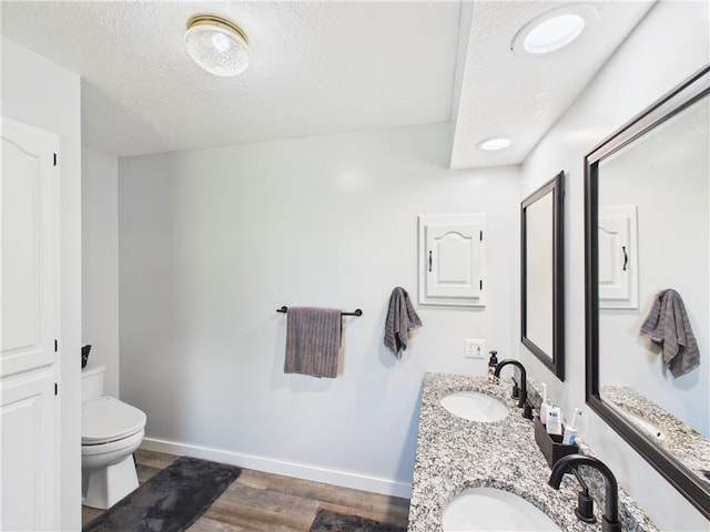 529 SE Dd Hwy, Warrensburg, MO 64093 - bathroom featuring wood finished floors, double vanity, and a textured ceiling