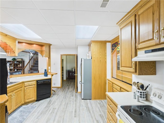 529 SE Dd Hwy, Warrensburg, MO 64093 - kitchen with white electric stove, freestanding refrigerator, dishwasher, under cabinet range hood, and light wood-style flooring