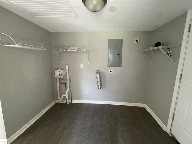 13508 E Silver Ln, Independence, MO 64050 - laundry area featuring electric panel, electric dryer hookup, and dark wood-style flooring