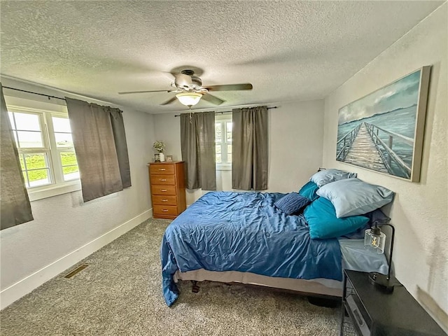 26240 Lakeview Dr, Maryville, MO 64468 - carpeted bedroom featuring multiple windows, a textured ceiling, and a ceiling fan