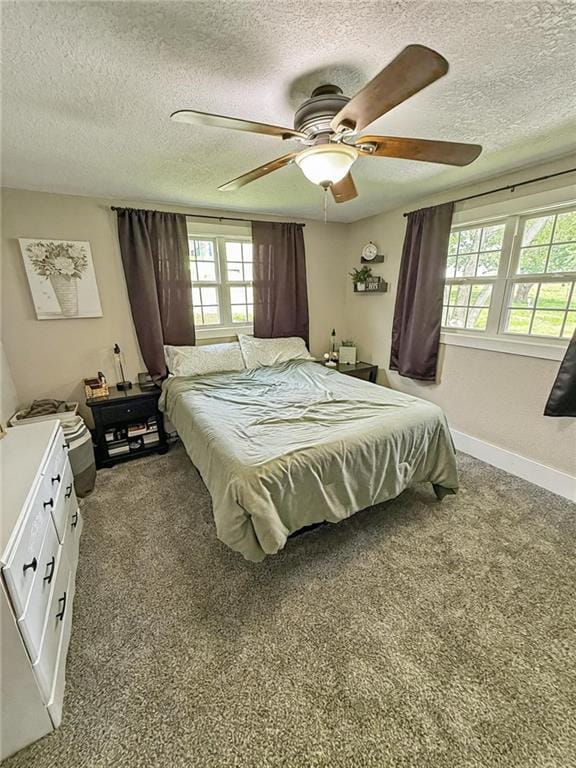 26240 Lakeview Dr, Maryville, MO 64468 - carpeted bedroom with multiple windows, a textured ceiling, and a ceiling fan