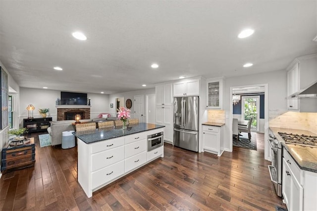6710 Broadmoor St, Overland Park, KS 66204 - kitchen featuring stainless steel appliances, dark wood-style floors, a stone fireplace, recessed lighting, and white cabinets