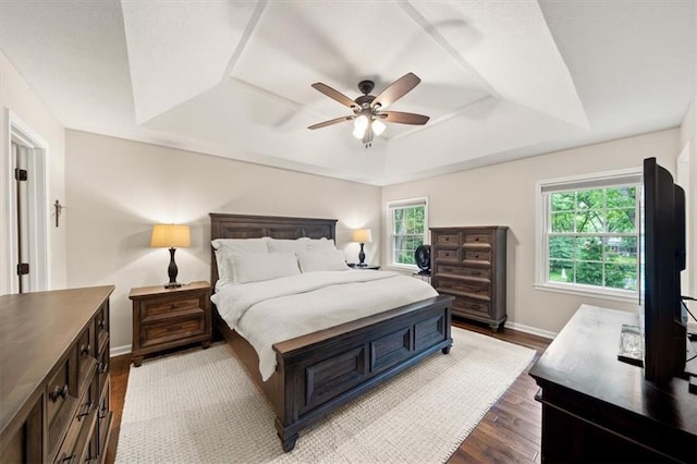 6710 Broadmoor St, Overland Park, KS 66204 - bedroom with a tray ceiling, wood finished floors, and a ceiling fan