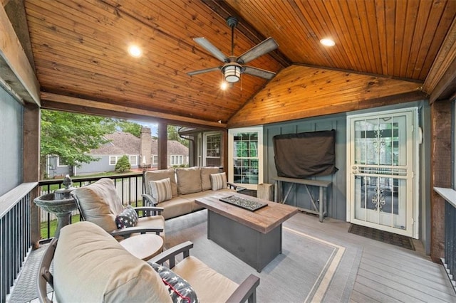 6710 Broadmoor St, Overland Park, KS 66204 - wooden terrace featuring an outdoor living space with a fire pit and ceiling fan