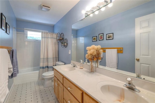 23708 S Southcrest Dr, Peculiar, MO 64078 - full bathroom featuring shower / bath combo, double vanity, and tile patterned floors