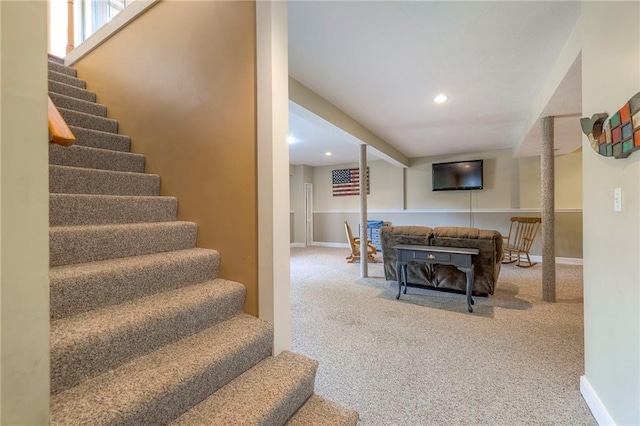 23708 S Southcrest Dr, Peculiar, MO 64078 - carpeted living area with stairway and recessed lighting