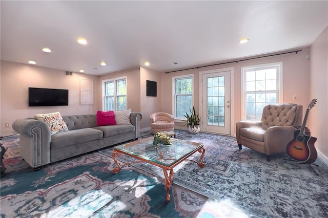 13009 Fontana St, Leawood, KS 66209 - living room with healthy amount of natural light, recessed lighting, and carpet flooring