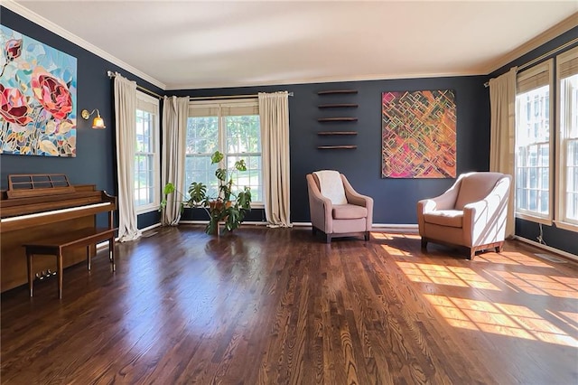 13009 Fontana St, Leawood, KS 66209 - living area featuring crown molding and dark wood-style flooring