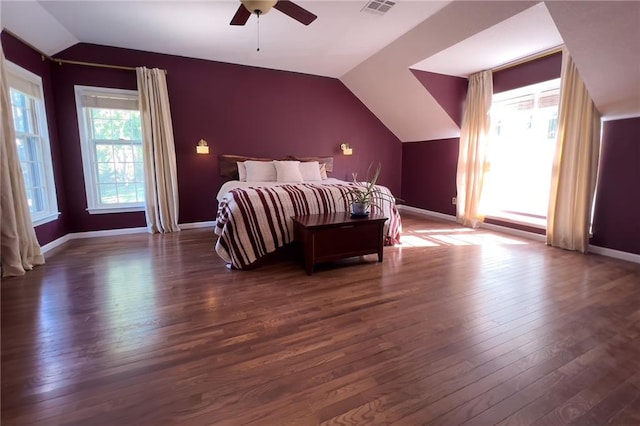 13009 Fontana St, Leawood, KS 66209 - bedroom featuring vaulted ceiling, dark wood-type flooring, and a ceiling fan