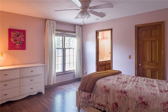 13009 Fontana St, Leawood, KS 66209 - bedroom featuring dark wood-style floors, ensuite bath, and ceiling fan