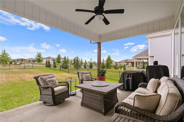 15297 W 172nd Pl, Olathe, KS 66062 - fenced backyard with a patio area, ceiling fan, a residential view, and outdoor lounge area