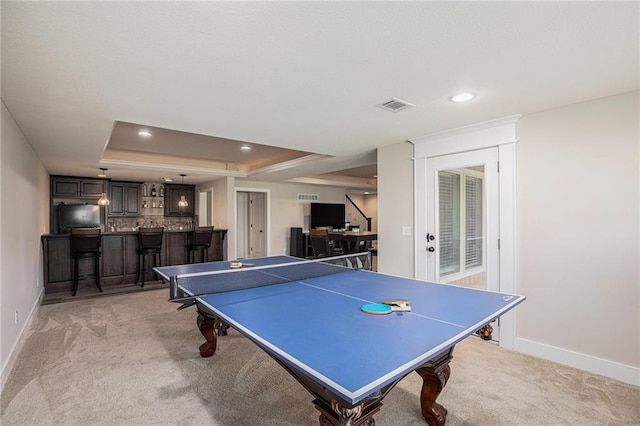 25072 W 114th Ct, Olathe, KS 66061 - playroom featuring a raised ceiling, light carpet, recessed lighting, bar, and an office area