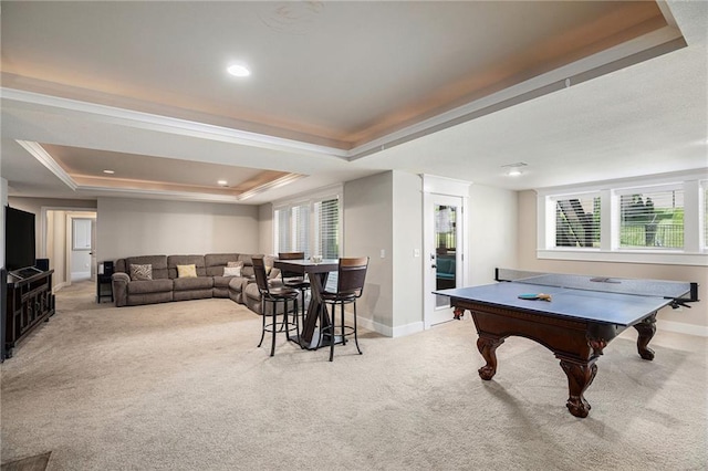 25072 W 114th Ct, Olathe, KS 66061 - rec room featuring a raised ceiling, carpet, healthy amount of natural light, crown molding, and recessed lighting