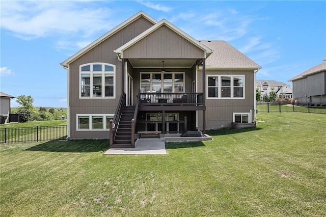 25072 W 114th Ct, Olathe, KS 66061 - back of house with ceiling fan, a fenced backyard, stairway, and a patio