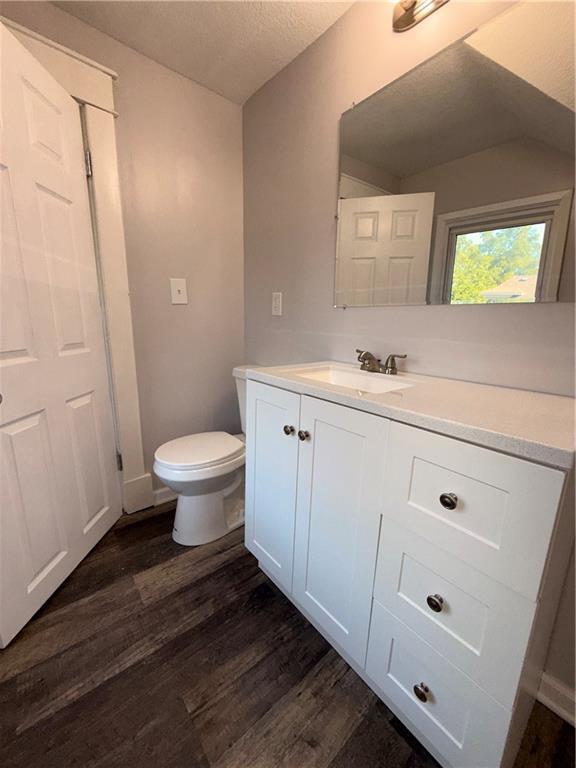 1114 N Liberty St, Independence, MO 64050 - bathroom featuring vanity, wood finished floors, a textured ceiling, and vaulted ceiling