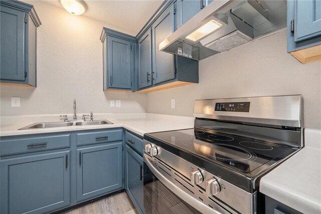 212 NW Parker Dr, Grain Valley, MO 64029 - kitchen with electric stove, ventilation hood, and blue cabinetry