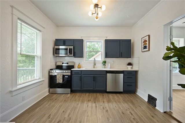 3808 Anderson Ave, Kansas City, MO 64123 - kitchen with appliances with stainless steel finishes, tasteful backsplash, light wood-type flooring, light countertops, and crown molding