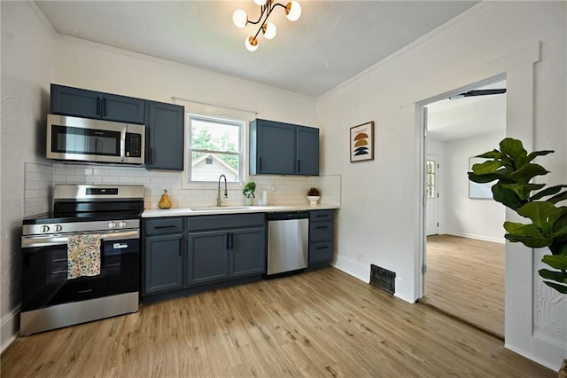3808 Anderson Ave, Kansas City, MO 64123 - kitchen with appliances with stainless steel finishes, decorative backsplash, light countertops, light wood-type flooring, and ornamental molding