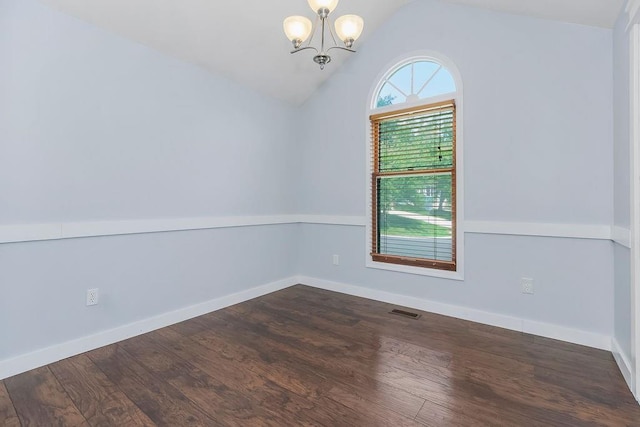 1401 NE Weddle Ln, Lees Summit, MO 64086 - unfurnished room with a chandelier, dark wood-style floors, and vaulted ceiling