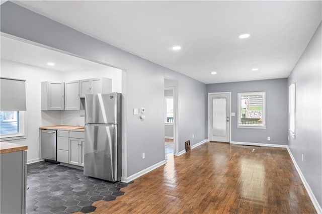 600 Ridgeview Ave, Kansas City, KS 66103 - kitchen with stainless steel appliances, wooden counters, gray cabinets, dark wood-style floors, and recessed lighting