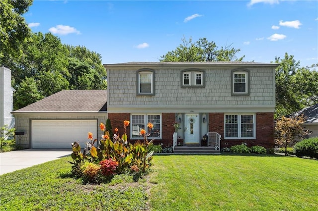 7211 Goodman St, Overland Park, KS 66204 - colonial-style house featuring a garage, driveway, a front yard, and brick siding